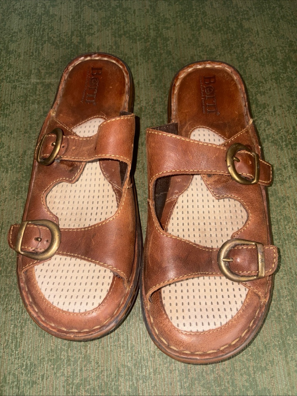 Born Brown Leather Double Buckle Slide Sandals